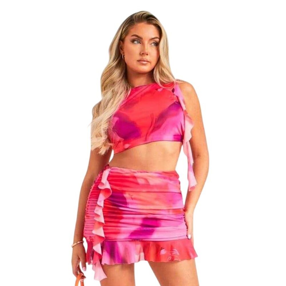 Missy Empire Womens/Ladies Mesh Frill Crop Top / Pink Print